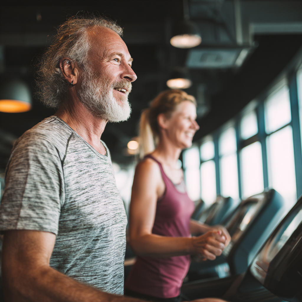 A 51-year-old man and woman are doing cardio training on treadmills in a modern gym.