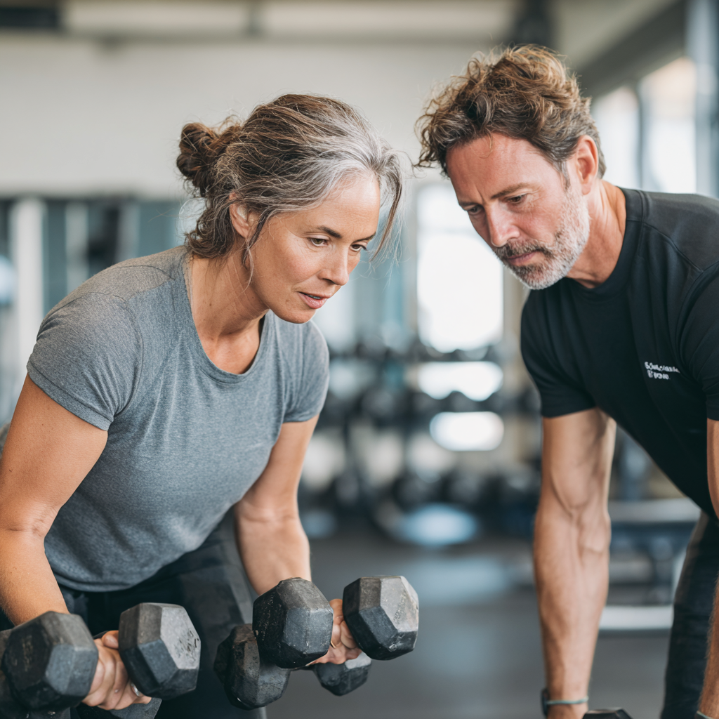 A 52-year-old woman performs strength exercises with dumbbells under the supervision of a personal trainer.