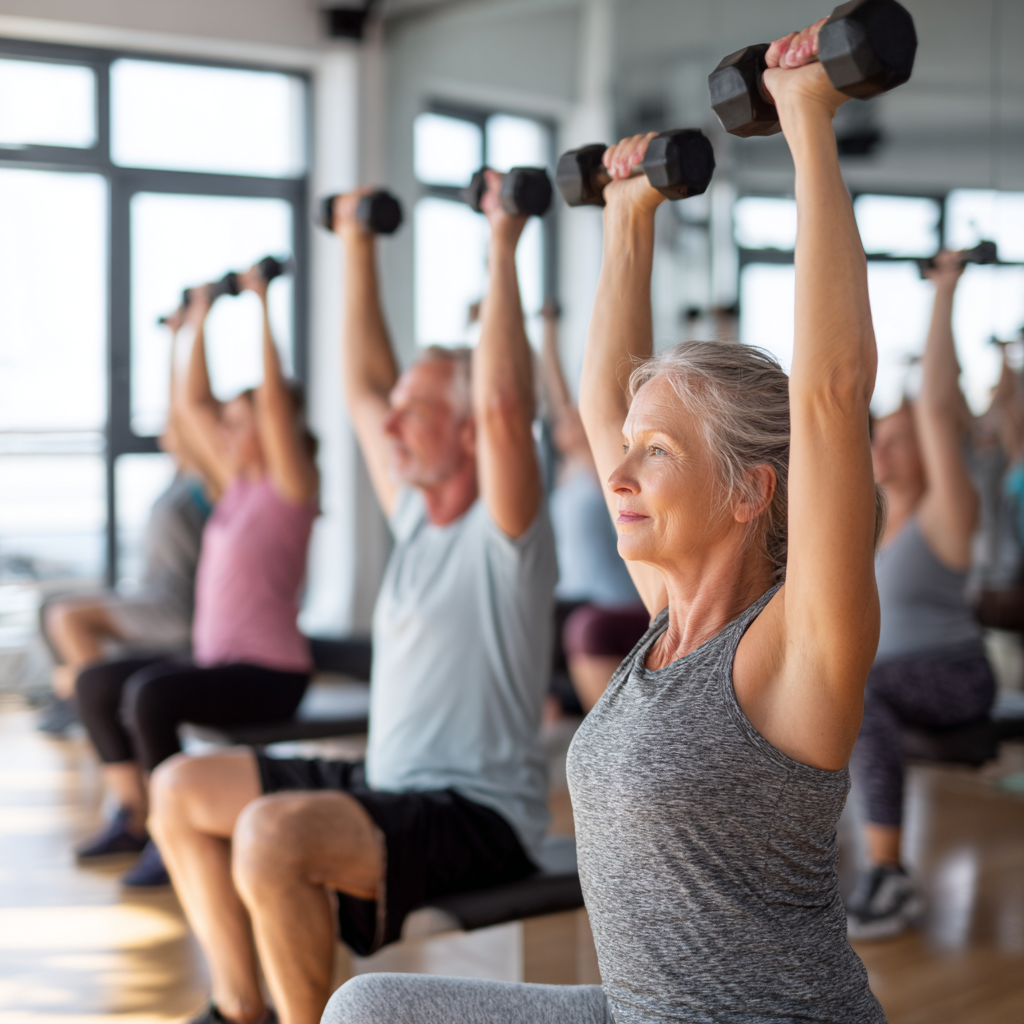 A group of 50-year-old middle-aged people performing functional exercises in a bright fitness room